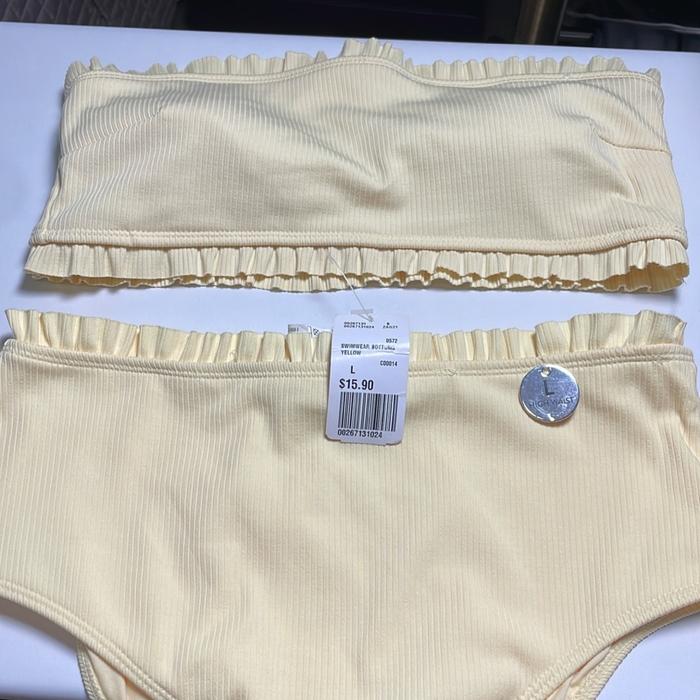 Forever 21 Yellow bikini set high waisted, ruffled strapless NWT L - Picture 8 of 10